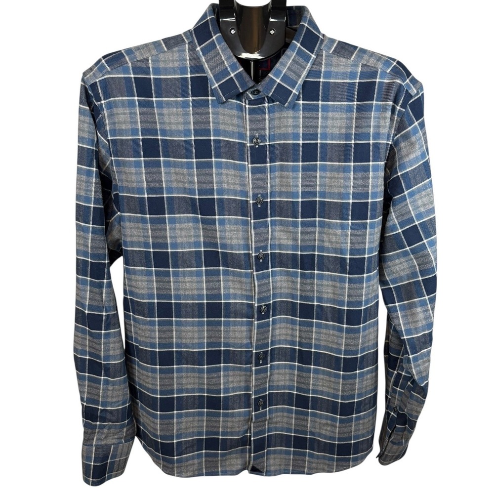 UNTUCKit Sonoraan WF Blue Grey Plaid Wrinkle Free‎ Cotton Shirt Mens Large 40218
